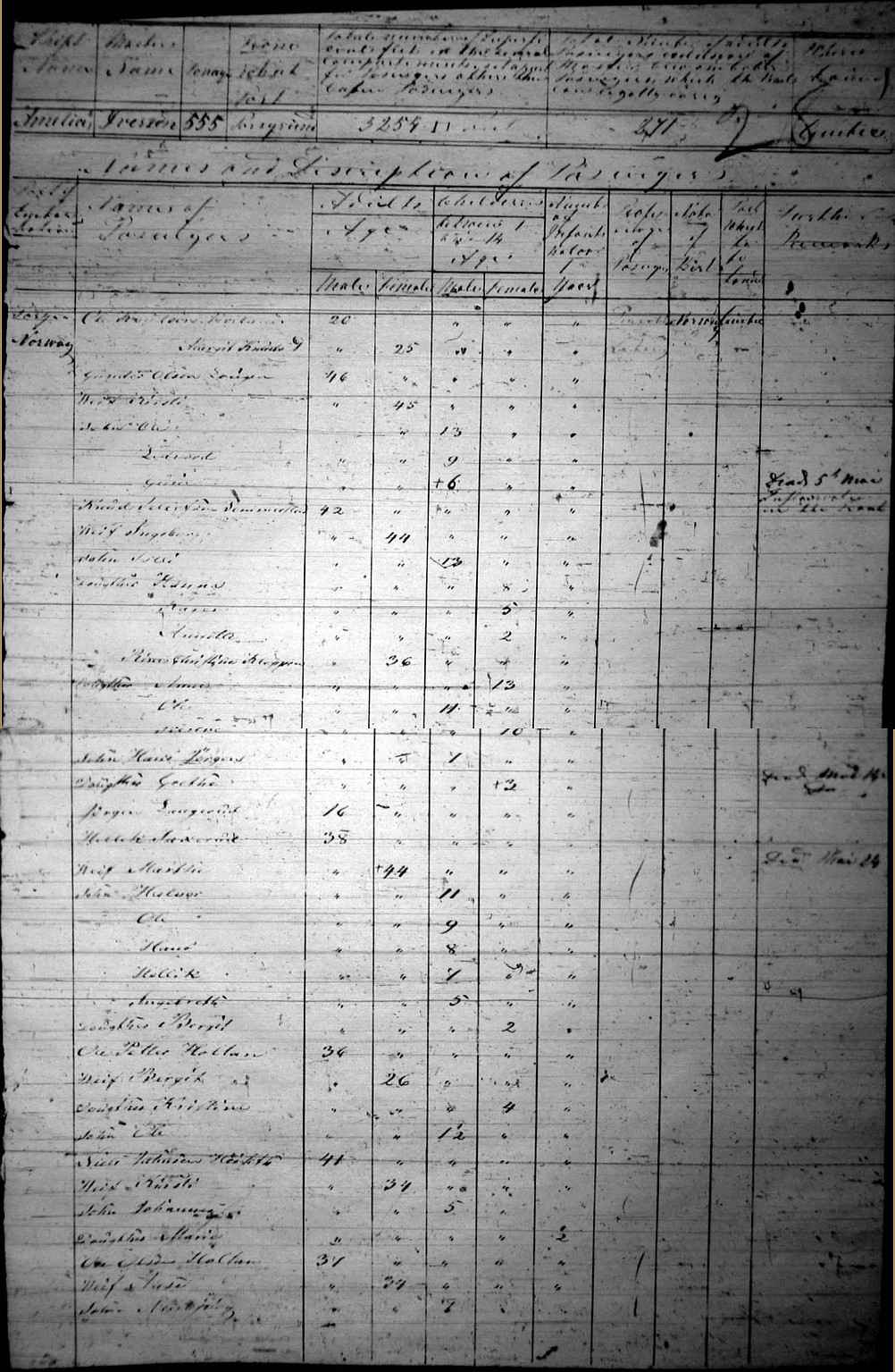 Passenger list - Amelia 1867 - page 1