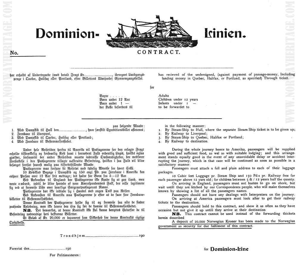 Dominion Line passenger contract